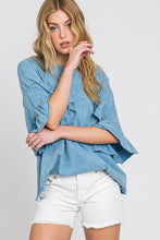 Steel Blue Mineral wash tulip sleeve top- MADE IN USA.