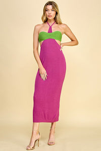 Purple/Green Cutout Halter Neck Sweater Dress