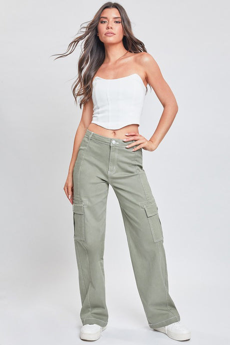Grnte-Green Tea Junior High Rise Cargo Pant With Front Seam Detail