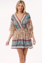 Peach Boho Floral Print Kimono Sleeve Summer Mini Dress