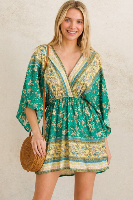 Jade Boho Floral Print Kimono Sleeve Summer Mini Dress