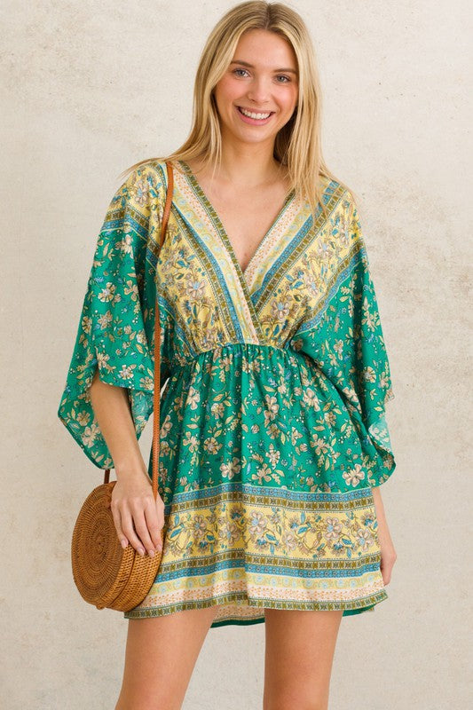 Jade Boho Floral Print Kimono Sleeve Summer Mini Dress
