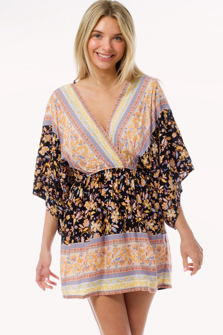 Black Boho Floral Print Kimono Sleeve Summer Mini Dress