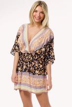 Black Boho Floral Print Kimono Sleeve Summer Mini Dress