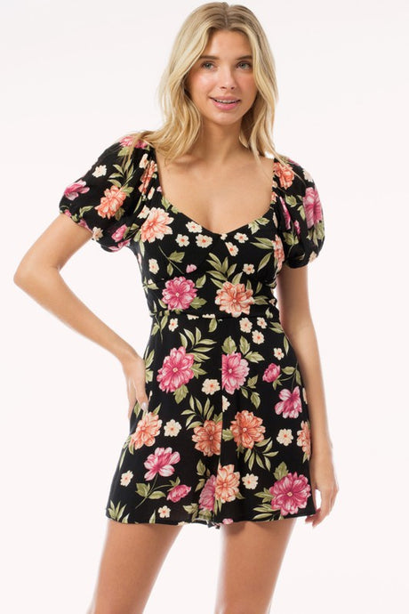 Black Sweetheart Neck Puff Sleeve Tie Back Romper