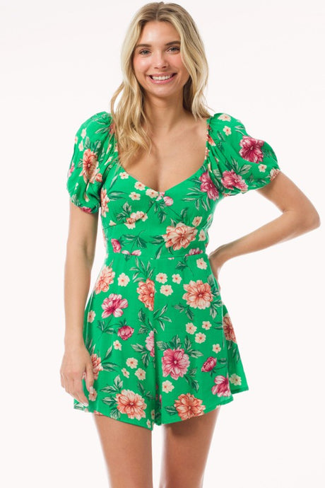 Kellygreen Sweetheart Neck Puff Sleeve Tie Back Romper