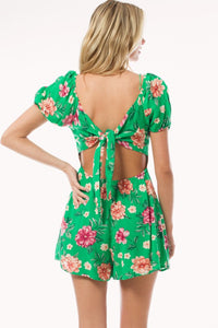 Kellygreen Sweetheart Neck Puff Sleeve Tie Back Romper