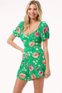 Kellygreen Sweetheart Neck Puff Sleeve Tie Back Romper