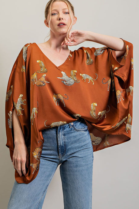 Brown Leopard Print Dolman Blouse Top