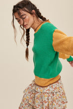 Green Color Block Ribbed Knit Sweater