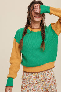 Green Color Block Ribbed Knit Sweater