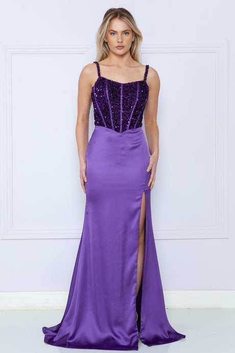 Purple Sequin Satin Corset Top Long Dress