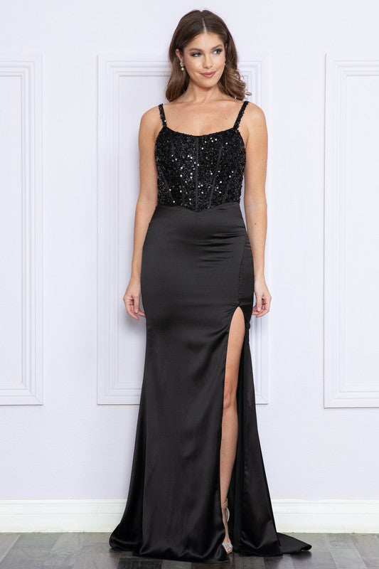 Black Sequin Satin Corset Top Long Dress  Aquarius Brand