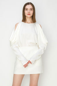 Off White Draped Cold Shoulder Long Sleeves Blouse Top
