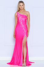 Hot Pink Rhinestone Single Shoulder Slit Front Long Dress