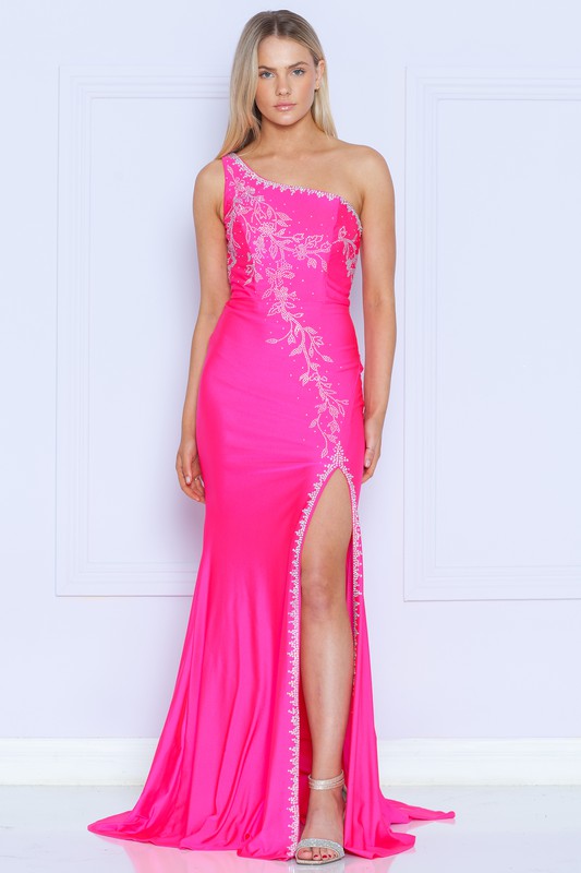 Hot Pink Rhinestone Single Shoulder Slit Front Long Dress Aquarius Brand Hot Pink Rhinestone Single Shoulder Slit Front Long Dress Aquarius Brand