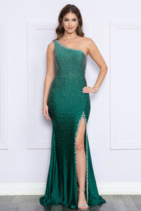 Emerald Rhinestone Single Shoulder Fitted Long Dress