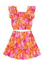 Coral Tropical Girl's 2 pc Skirt Set W/ Ruffle Sleeve & Square Neck