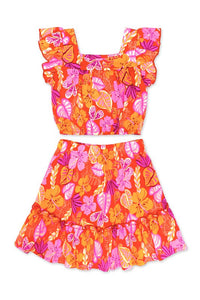 Coral Tropical Girl's 2 pc Skirt Set W/ Ruffle Sleeve & Square Neck