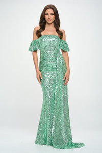 Mint Off-The-Shoulder Sequins Maxi Formal