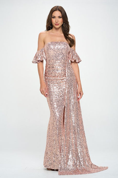 Mauve Off-The-Shoulder Sequins Maxi Formal