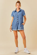 Denim Blue Button Front Distressed Denim Romper