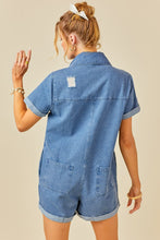 Denim Blue Button Front Distressed Denim Romper
