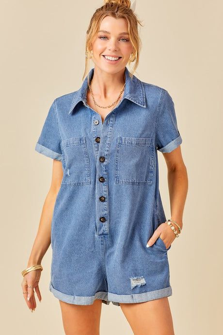Denim Blue Button Front Distressed Denim Romper