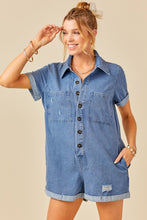 Denim Blue Button Front Distressed Denim Romper