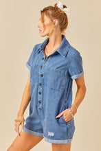 Denim Blue Button Front Distressed Denim Romper