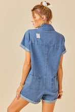 Denim Blue Button Front Distressed Denim Romper