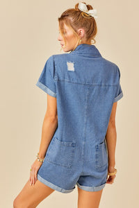 Denim Blue Button Front Distressed Denim Romper