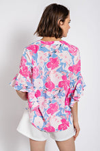 Fuchsia Floral Print Ruffled Bell Sleeve Woven Top