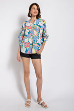 Steel Blue Floral Print Ruffled Bell Sleeve Woven Top