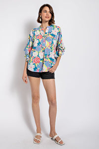 Steel Blue Floral Print Ruffled Bell Sleeve Woven Top