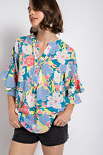 Steel Blue Floral Print Ruffled Bell Sleeve Woven Top