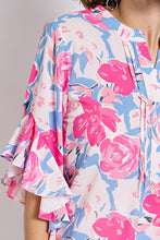 Fuchsia Floral Print Ruffled Bell Sleeve Woven Top