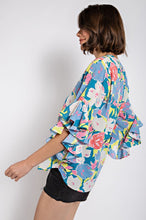 Steel Blue Floral Print Ruffled Bell Sleeve Woven Top