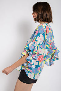 Steel Blue Floral Print Ruffled Bell Sleeve Woven Top