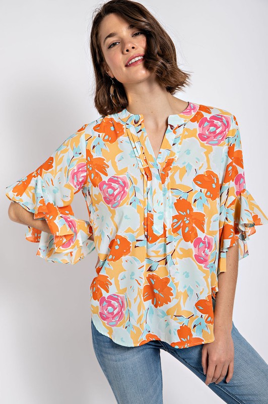 Orange Floral Print Ruffled Bell Sleeve Woven Top