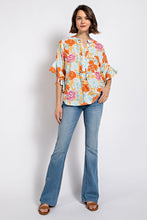 Orange Floral Print Ruffled Bell Sleeve Woven Top