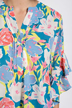 Steel Blue Floral Print Ruffled Bell Sleeve Woven Top