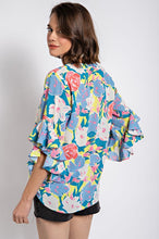 Steel Blue Floral Print Ruffled Bell Sleeve Woven Top