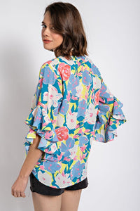 Steel Blue Floral Print Ruffled Bell Sleeve Woven Top