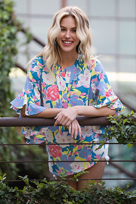 Steel Blue Floral Print Ruffled Bell Sleeve Woven Top
