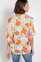 Orange Floral Print Ruffled Bell Sleeve Woven Top