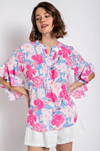 Fuchsia Floral Print Ruffled Bell Sleeve Woven Top