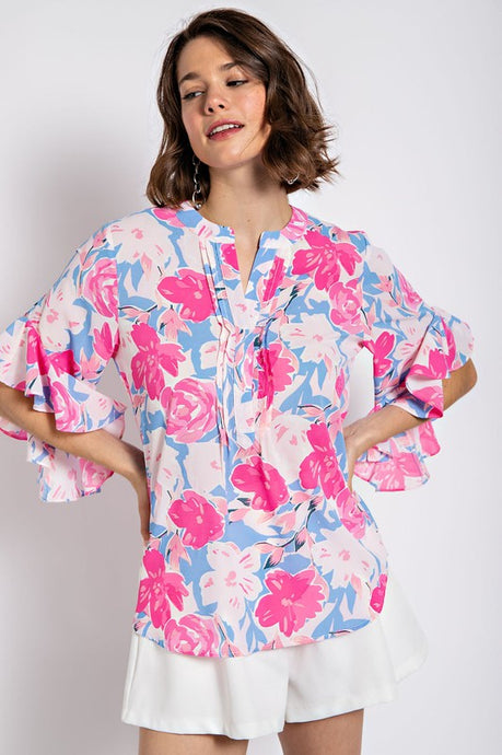 Fuchsia Floral Print Ruffled Bell Sleeve Woven Top