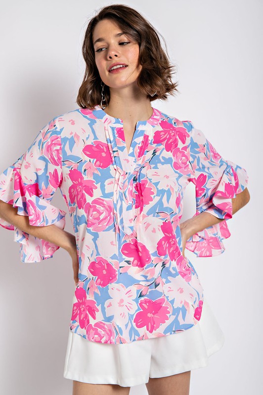 Fuchsia Floral Print Ruffled Bell Sleeve Woven Top