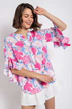 Fuchsia Floral Print Ruffled Bell Sleeve Woven Top